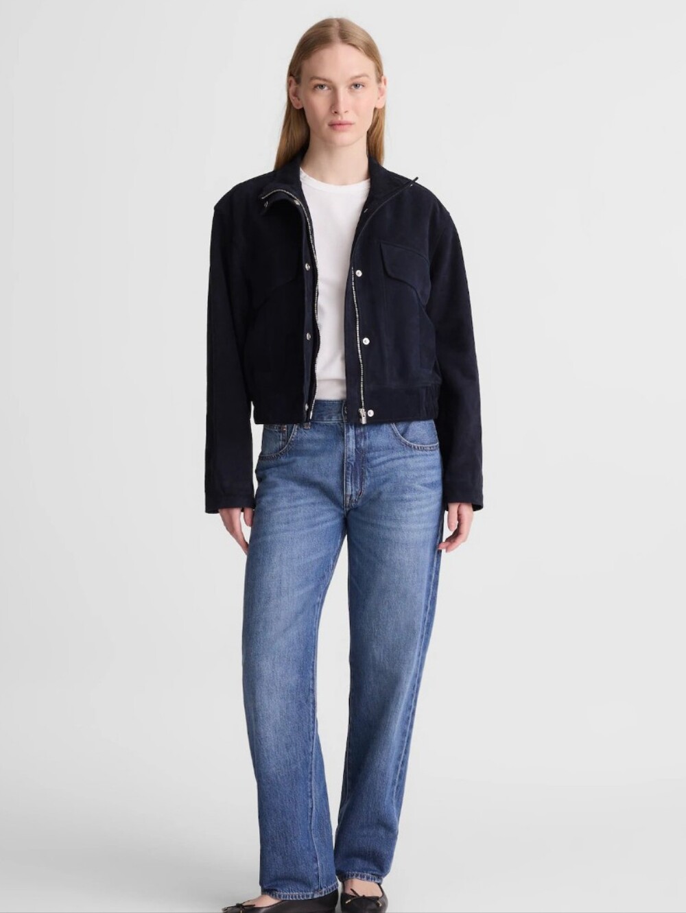 Madewell Funnel-Neck Utility Jacket in Suede NZ505 Size S $598 Classic Navy
